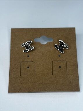 Silver Black Rhinestone Interlocking C Stud Earrings Fashion Costume Jewelry